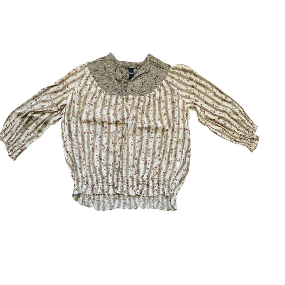 Lucky Brand Small Floral Stripe Crochet Lace Yoke Smocked Peasant Blouse